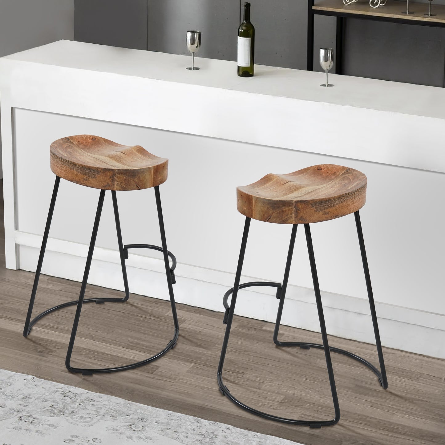 Ela 24 Inch Mango Wood Industrial Counter Height Stool, Saddle Seat, Iron, Set of 2, Brown, Black By The Urban Port