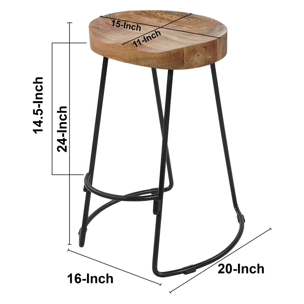 Ela 24 Inch Counter Height Stool, Mango Wood Saddle Seat, Iron Frame, Brown and BlackBy The Urban Port
