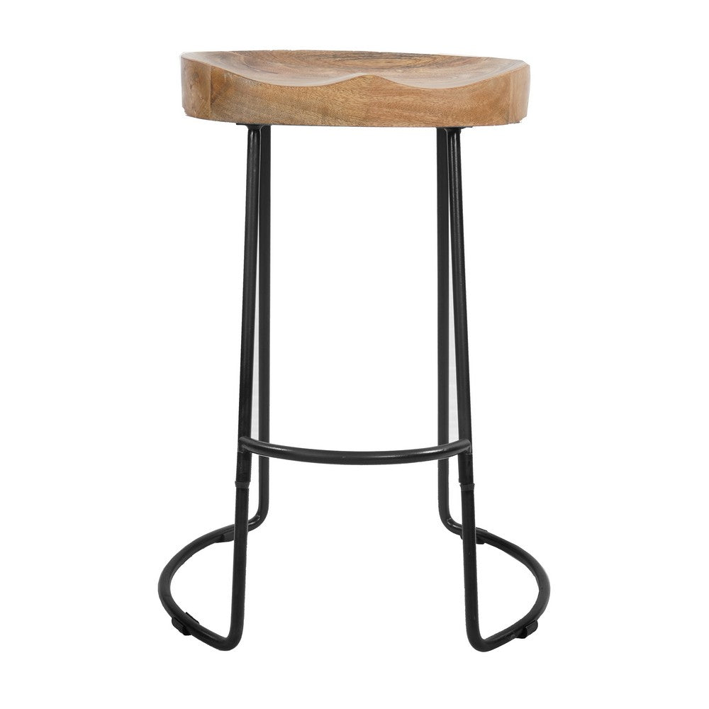 Ela 24 Inch Counter Height Stool, Mango Wood Saddle Seat, Iron Frame, Brown and BlackBy The Urban Port