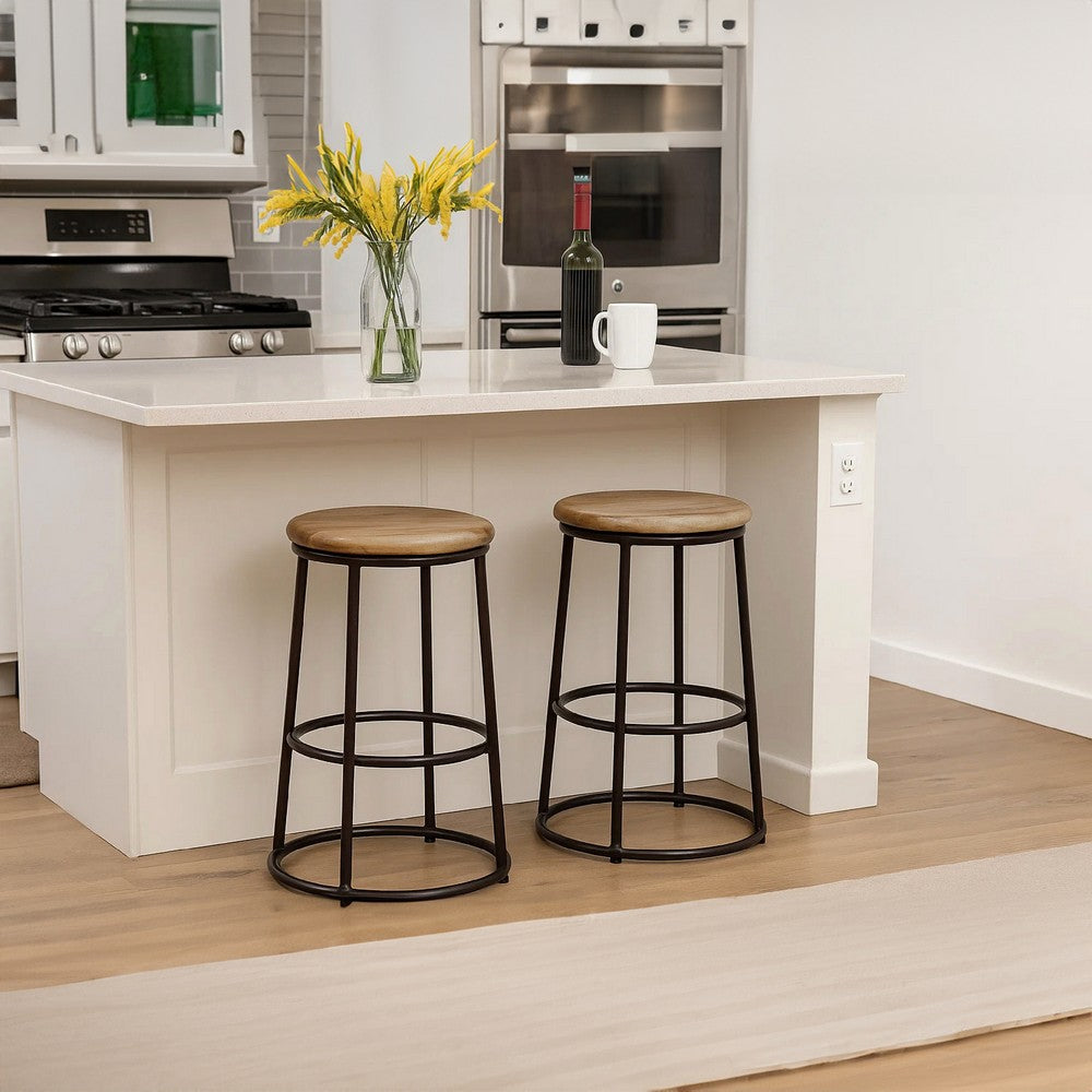24 Inch Mango Wood Counter Height Barstool With Iron Base, Brown And Black By The Urban Port