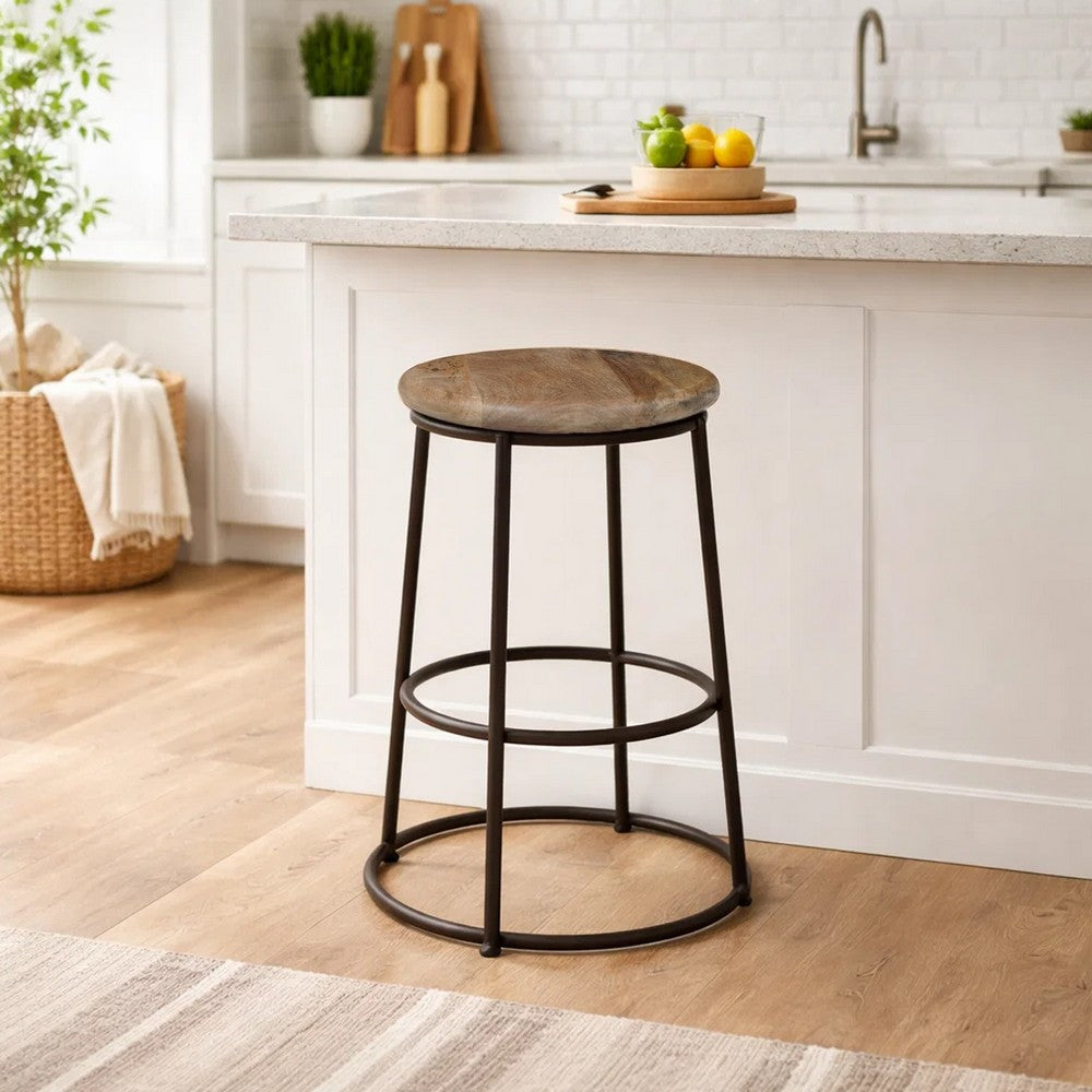 24 Inch Mango Wood Counter Height Barstool With Iron Base, Brown And Black By The Urban Port