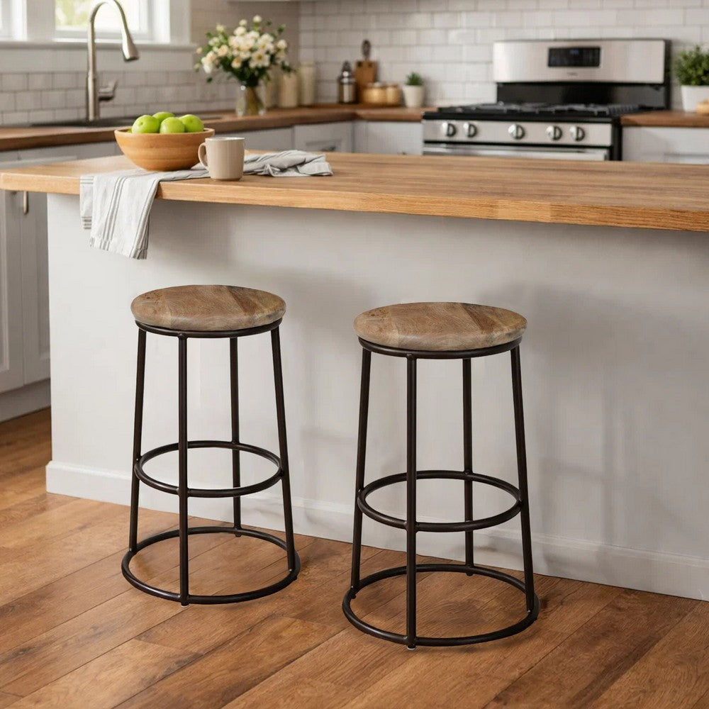 24 Inch Mango Wood Counter Height Barstool With Iron Base, Brown And Black By The Urban Port