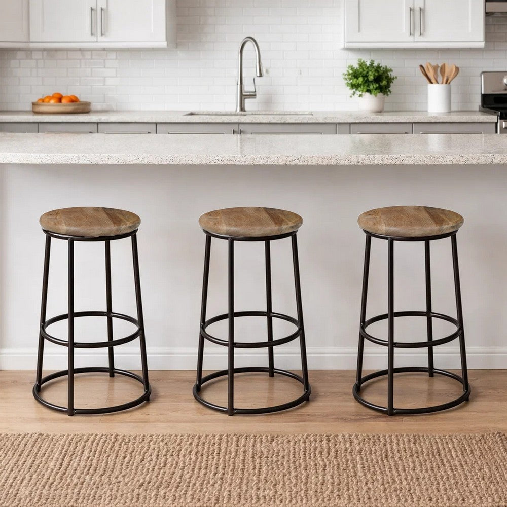24 Inch Mango Wood Counter Height Barstool With Iron Base, Brown And Black By The Urban Port
