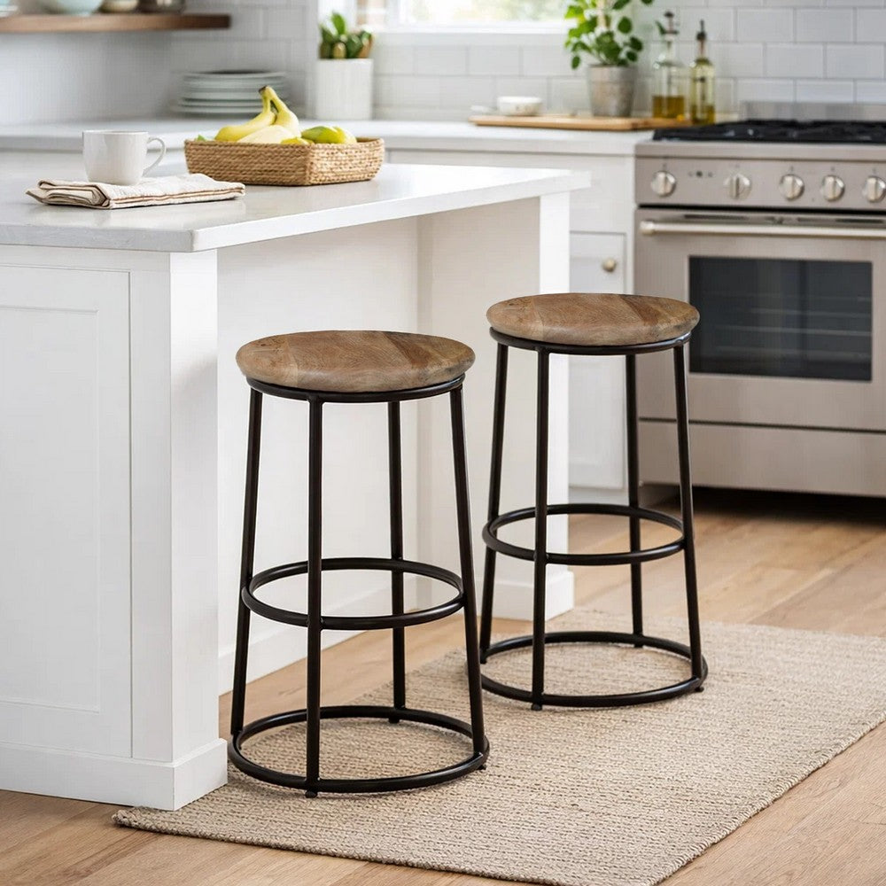 24 Inch Mango Wood Counter Height Barstool With Iron Base, Brown And Black By The Urban Port
