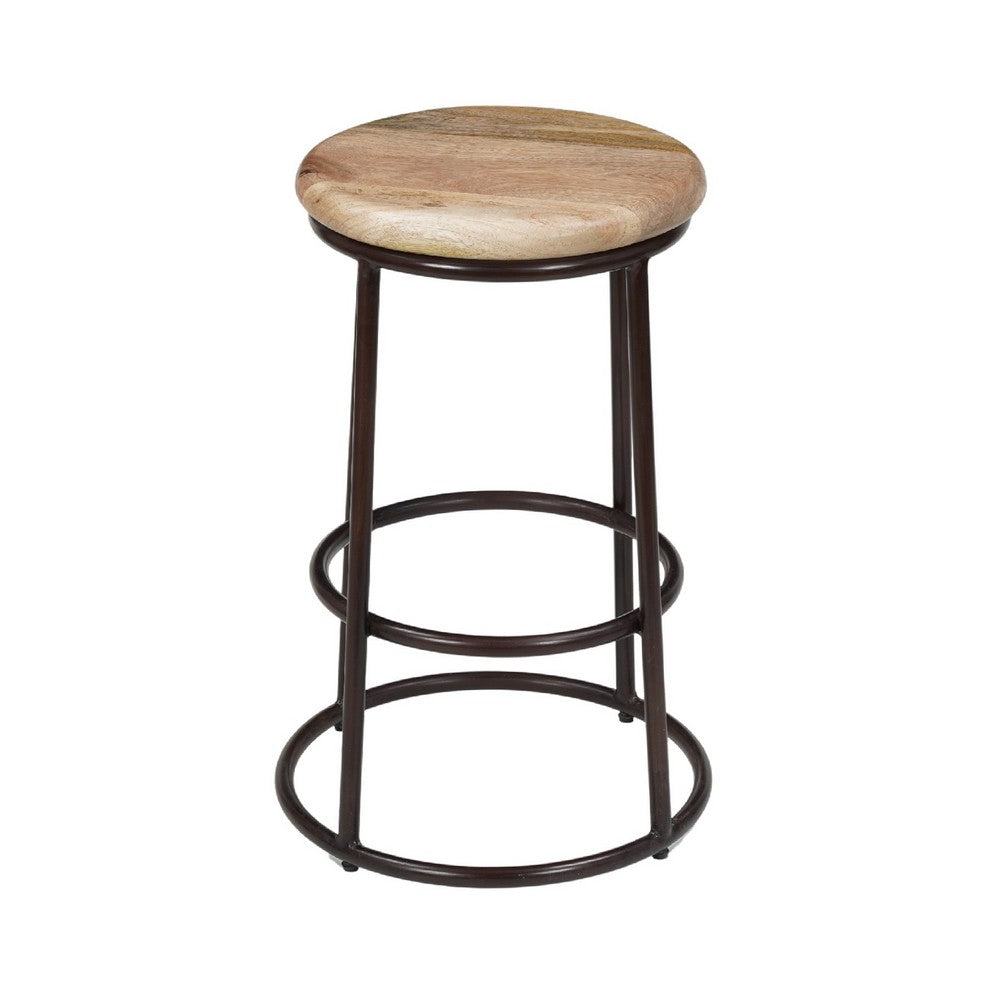 24 Inch Mango Wood Counter Height Barstool With Iron Base, Brown And Black By The Urban Port