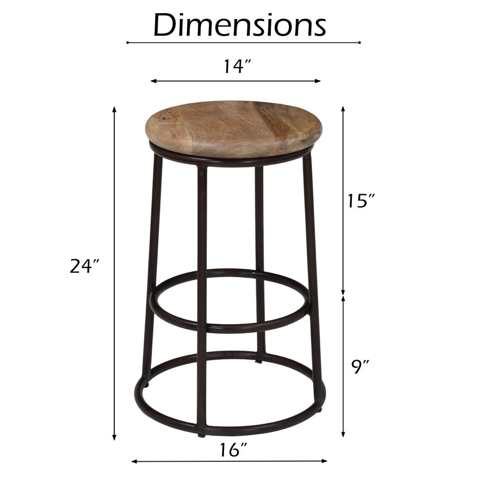24 Inch Mango Wood Counter Height Barstool With Iron Base, Brown And Black By The Urban Port