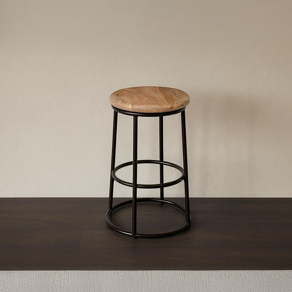 24 Inch Mango Wood Counter Height Barstool With Iron Base, Brown And Black By The Urban Port