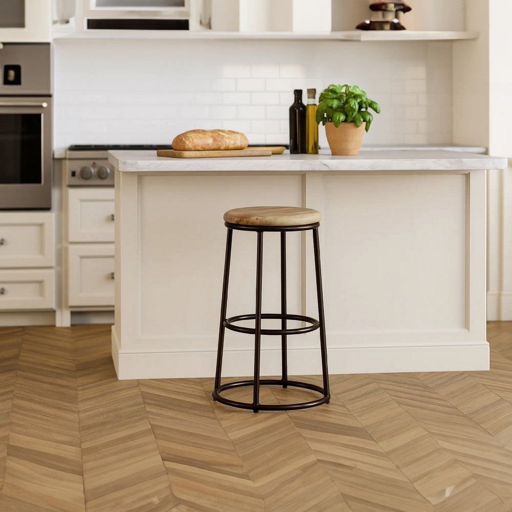 24 Inch Mango Wood Counter Height Barstool With Iron Base, Brown And Black By The Urban Port