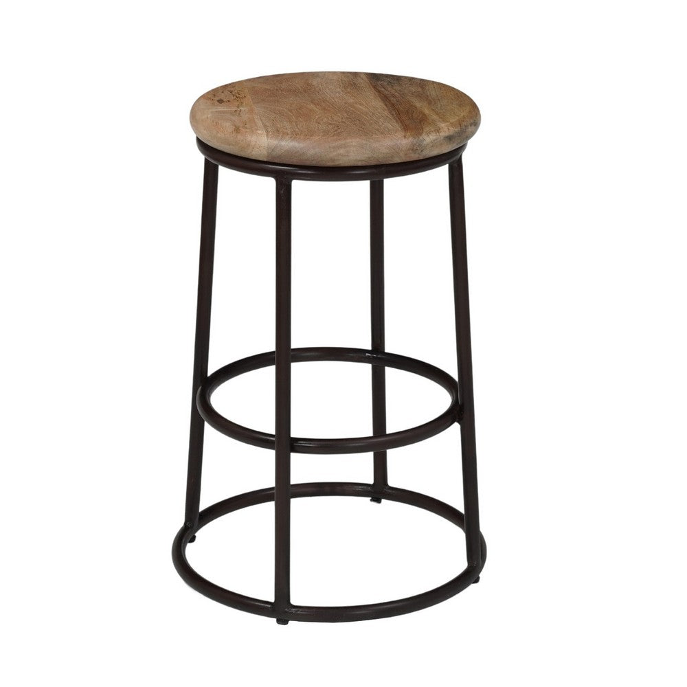 24 Inch Mango Wood Counter Height Barstool With Iron Base, Brown And Black By The Urban Port