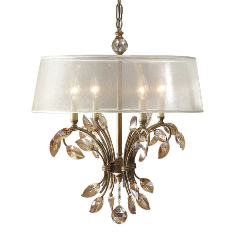 Uttermost Alenya Chandelier 4 Light Metal/Crystal/Fabric Silken Champagne Sheer Fabric -Traditional Installation