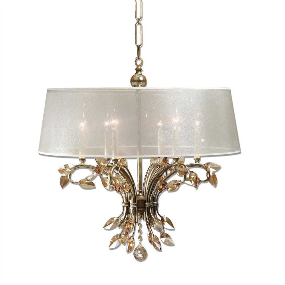 Uttermost Alenya Chandelier 6 Light Metal/Crystal/Fabric Silken Champagne Sheer Fabric -Traditional Installation