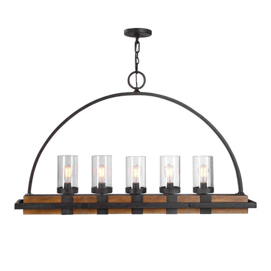 Atwood-Linear Chandelier 5 Light Rubber Wood/Glass/Steel - 51 inches Wide by 7.75 inches deep