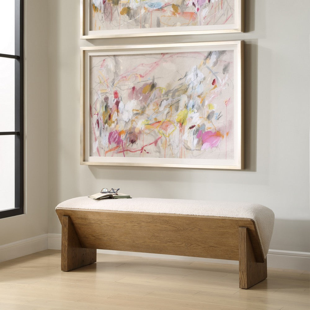 Uttermost Wedged Bench - 59" W x 17" H, Soft Ivory, Modern, Living Room