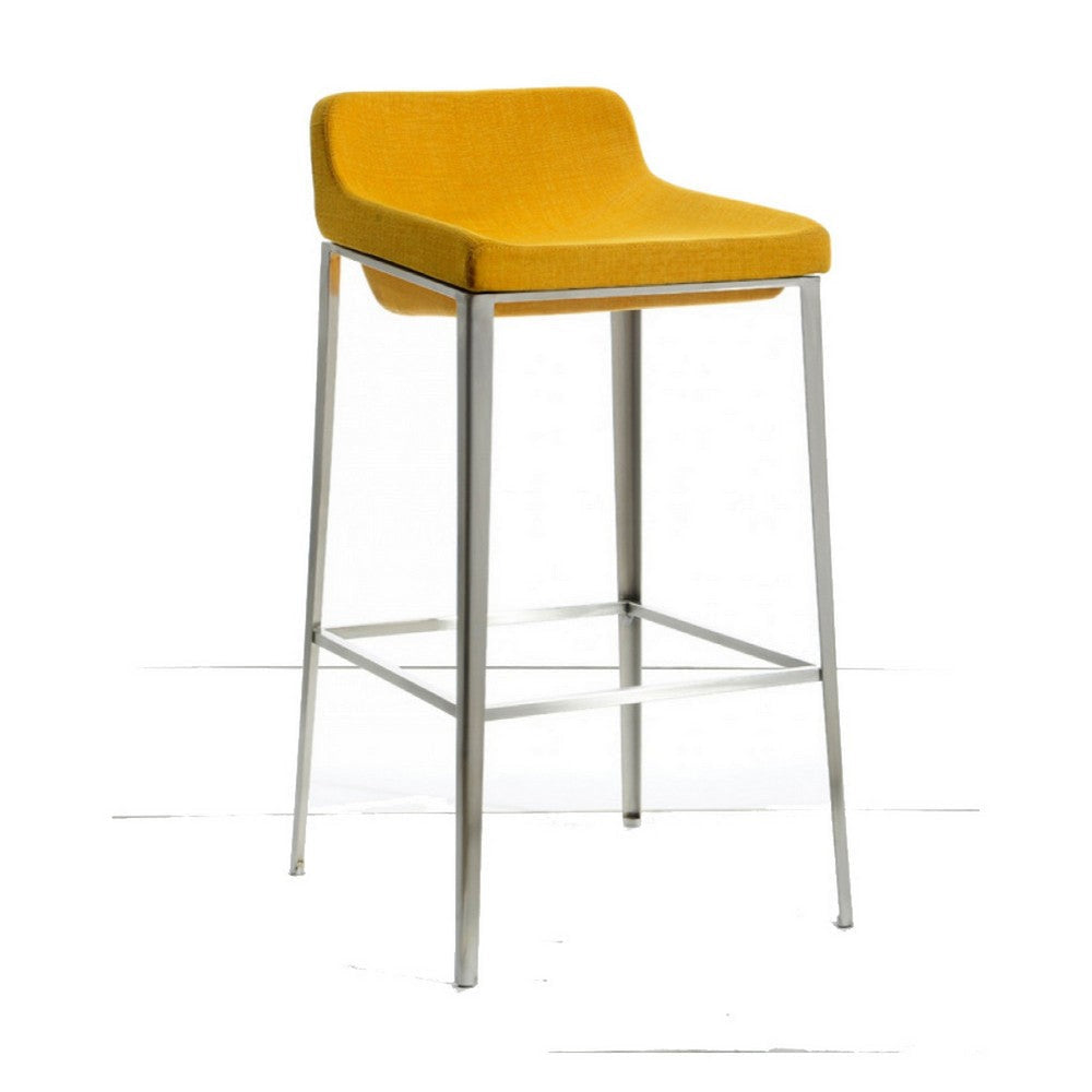 Fabric Upholstered Metal Bar Stool, Yellow and Silver