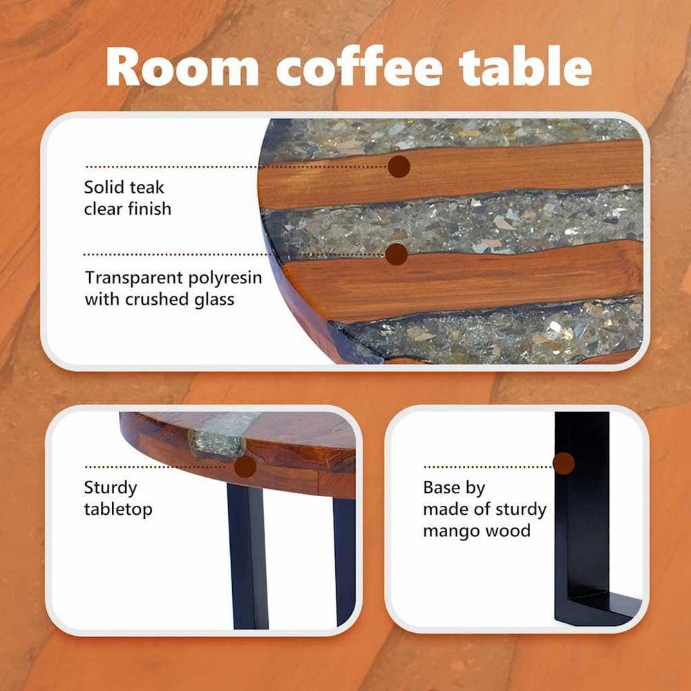 Carla Round Coffee Table with Black Metal Base | Teak & Mango Wood 24"