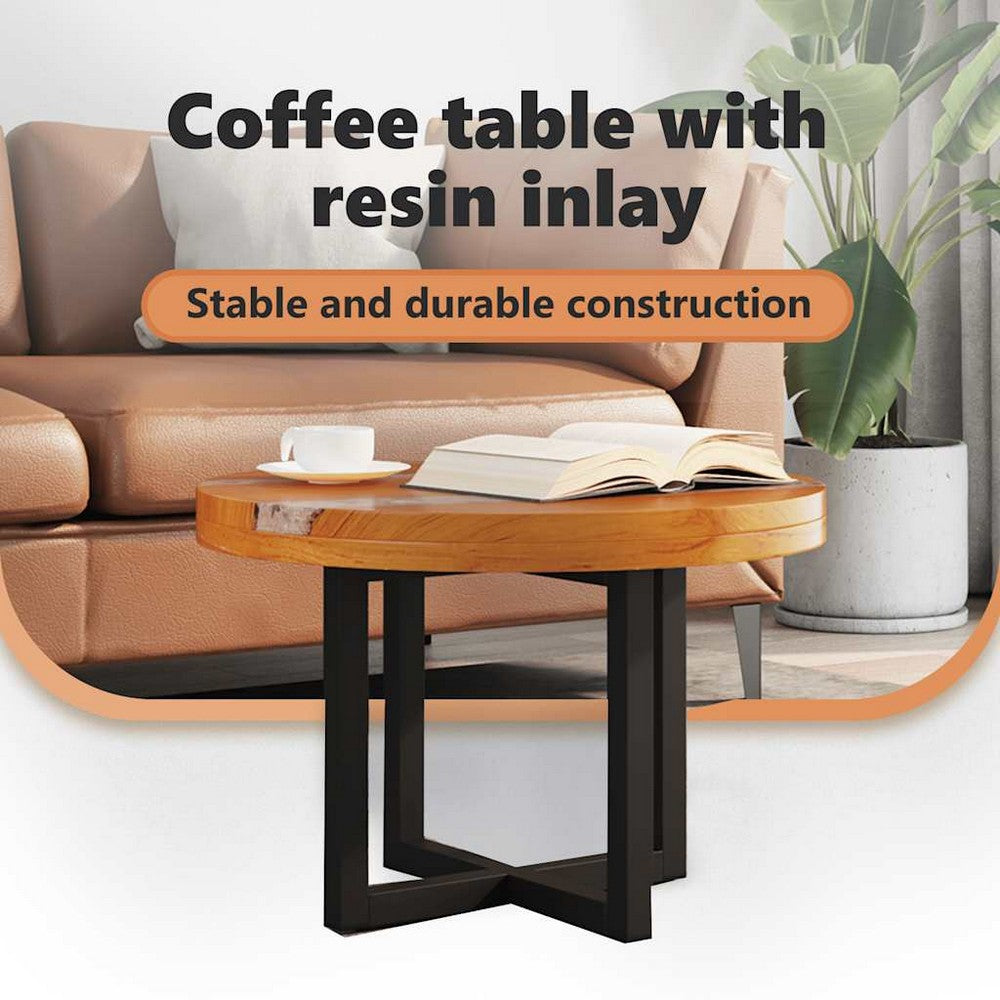 Carla Round Coffee Table with Black Metal Base | Teak & Mango Wood 24"