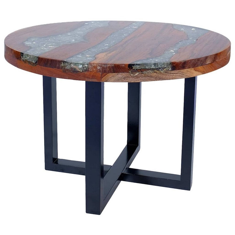 Carla Round Coffee Table with Black Metal Base | Teak & Mango Wood 24"