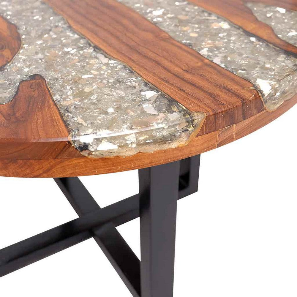 Carla Round Coffee Table with Black Metal Base | Teak & Mango Wood 24"