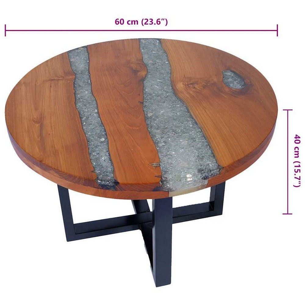 Carla Round Coffee Table with Black Metal Base | Teak & Mango Wood 24"