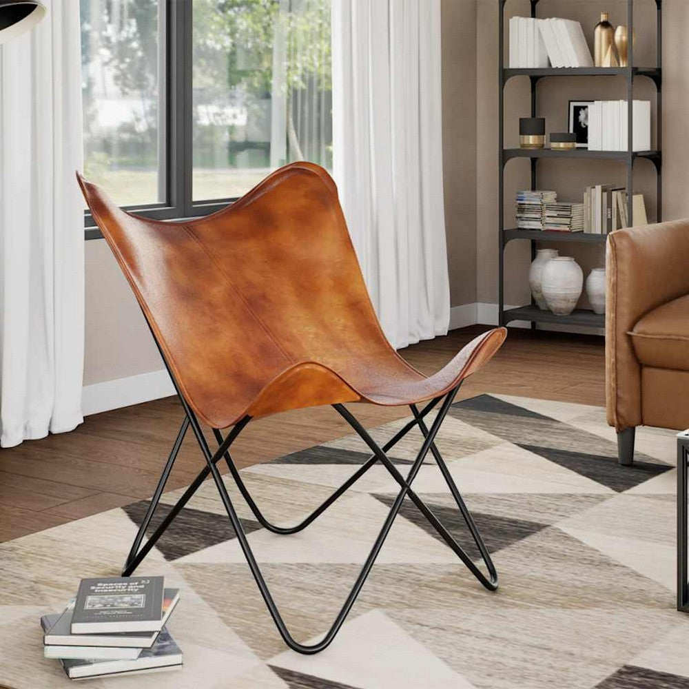 Ricky Vintage Butterfly Chair | Black Open Metal Frame | Brown Leather