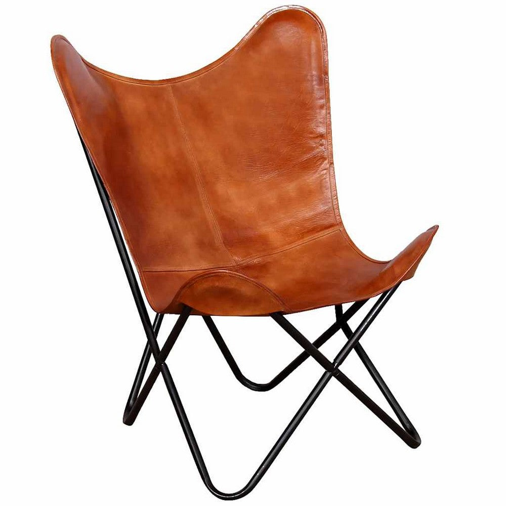 Ricky Vintage Butterfly Chair | Black Open Metal Frame | Brown Leather