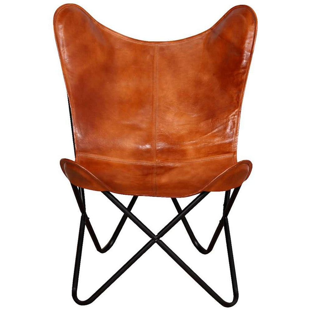 Ricky Vintage Butterfly Chair | Black Open Metal Frame | Brown Leather