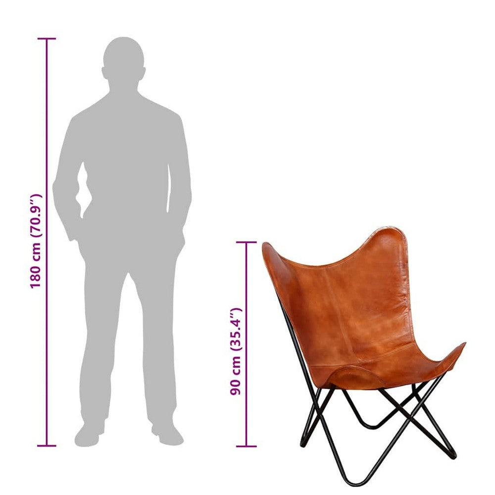 Ricky Vintage Butterfly Chair | Black Open Metal Frame | Brown Leather