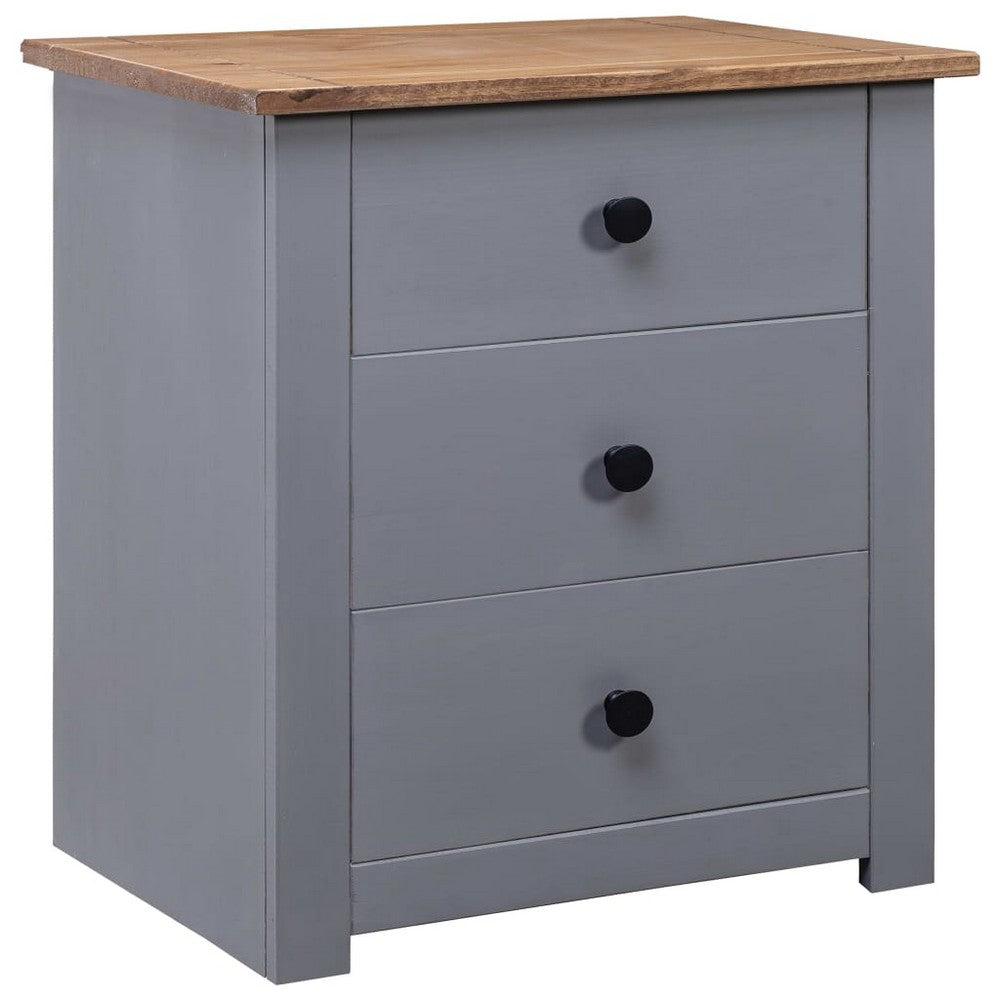 Drew Bedside Cabinet with 3 Drawers | Gray Solid Pine Wood 23"