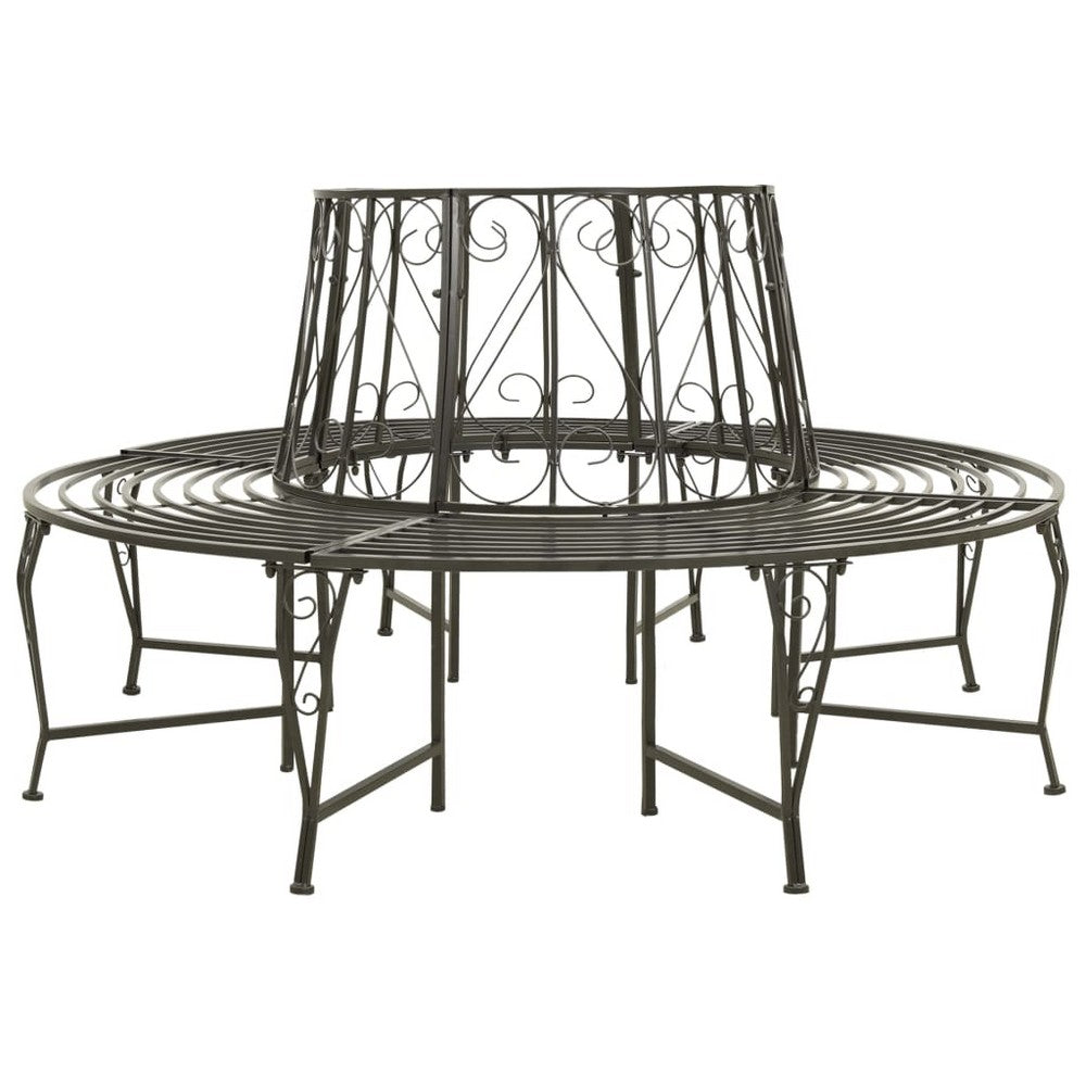 Vinie Outdoor Round Tree Bench with Slatted Seat Design | Gray Steel 63"