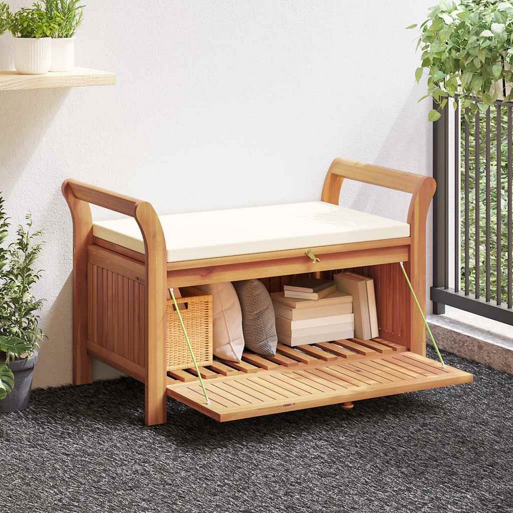 Dave Garden Storage Bench | Brown Acacia Wood | Cream-White Polyester 36"