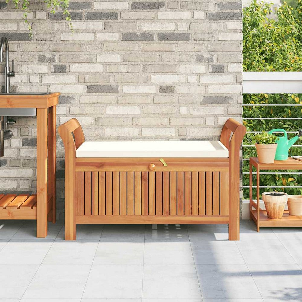 Dave Garden Storage Bench | Brown Acacia Wood | Cream-White Polyester 36"
