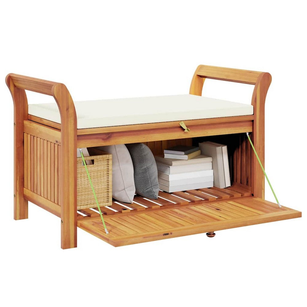 Dave Garden Storage Bench | Brown Acacia Wood | Cream-White Polyester 36"