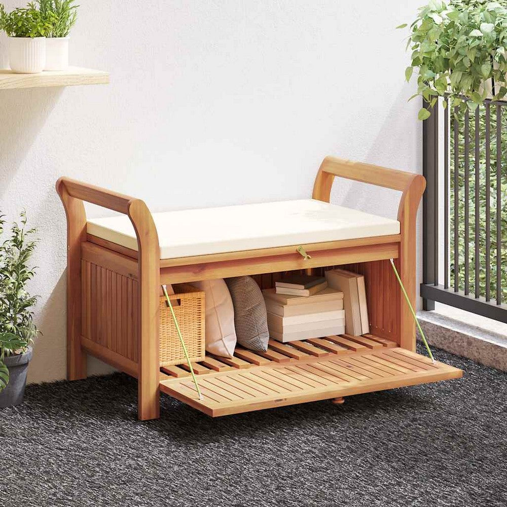 Dave Garden Storage Bench | Brown Acacia Wood | Cream-White Polyester 50"
