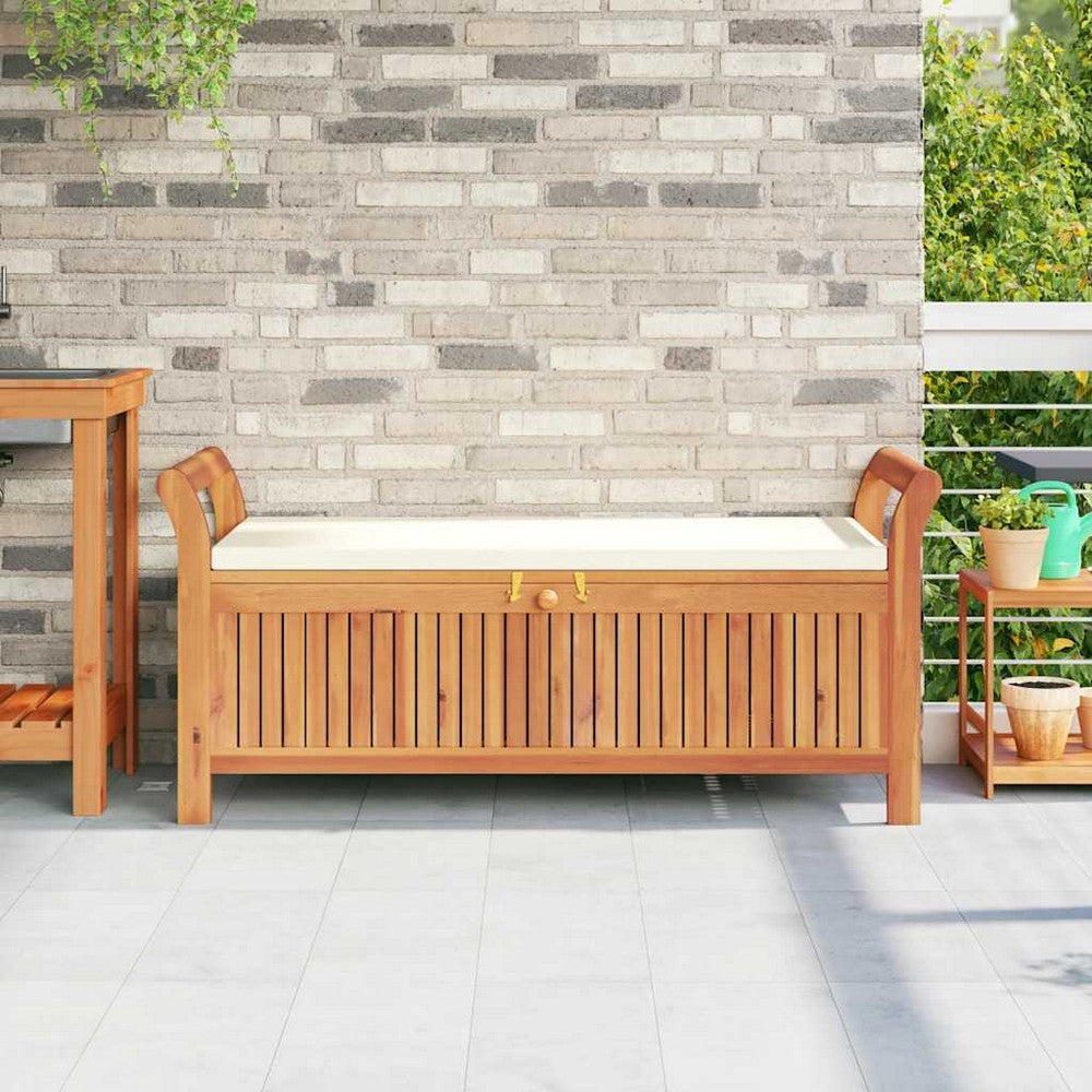 Dave Garden Storage Bench | Brown Acacia Wood | Cream-White Polyester 50"