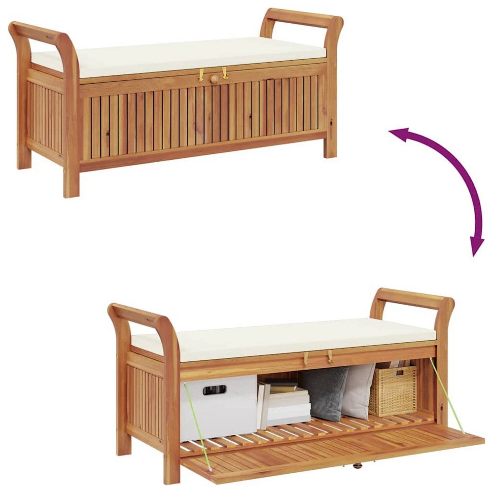 Dave Garden Storage Bench | Brown Acacia Wood | Cream-White Polyester 50"