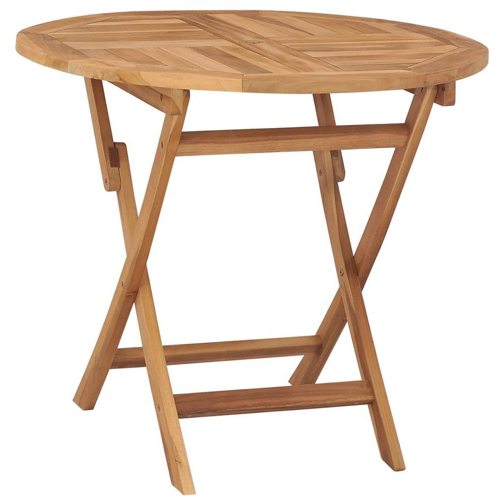 Alexa Outdoor Round Dining Table with Foldable Design | Brown Teak Wood 34"