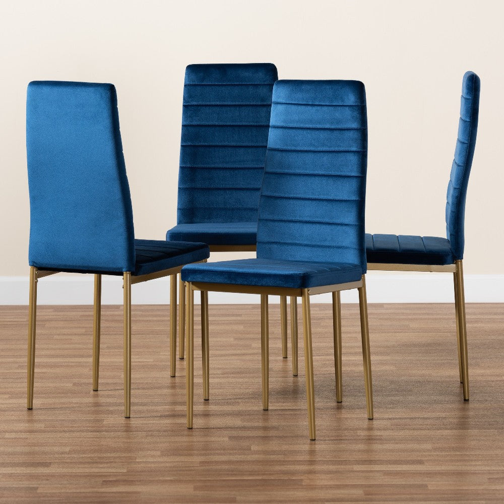 Baxton Studio Armand Modern Glam and Luxe Navy Blue Velvet Fabric Upholstered and Gold Finished Metal 4-Piece Dining Chair Set