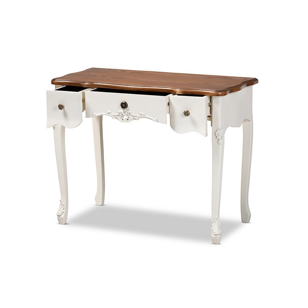 Baxton Studio Sophie Classic Traditional French Country White and Brown Finished Small 3-Drawer Wood Console Table WHI-132050-White-Console