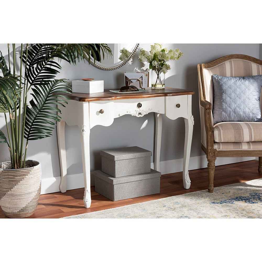 Baxton Studio Sophie Classic Traditional French Country White and Brown Finished Small 3-Drawer Wood Console Table