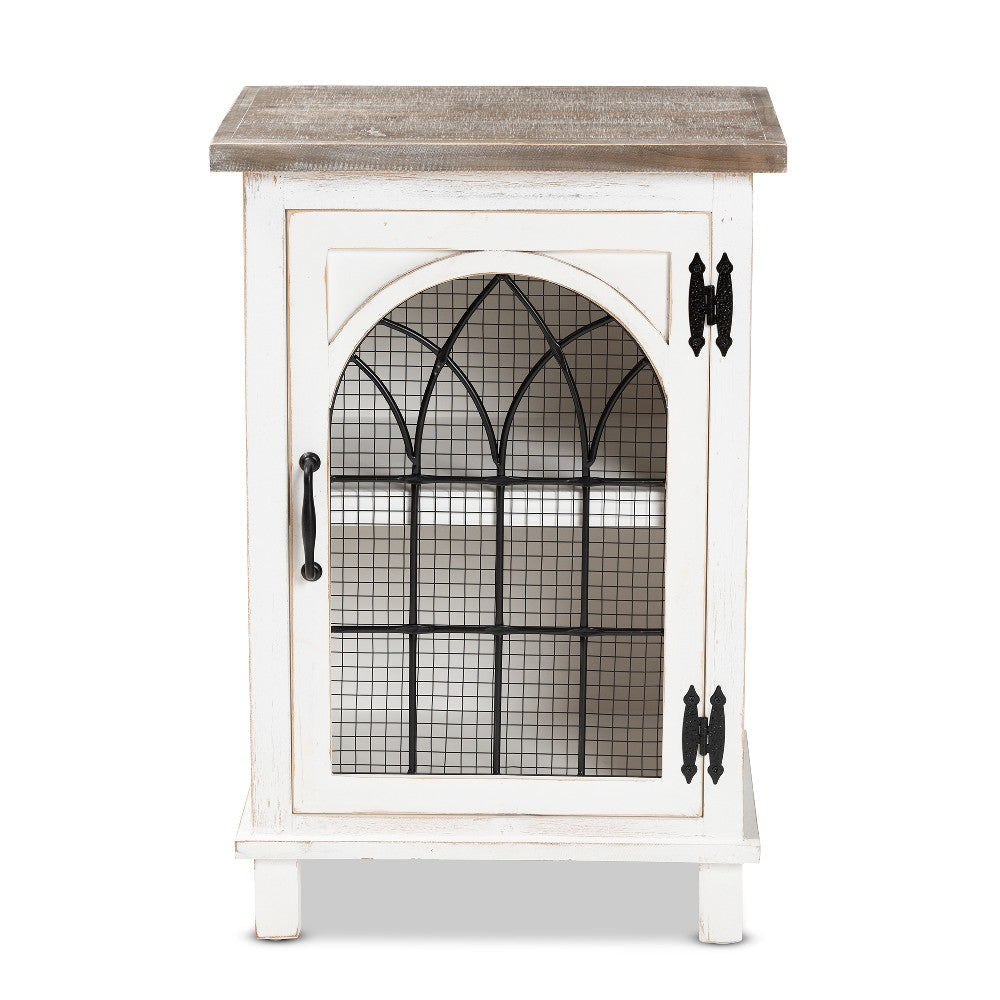 Baxton Studio Faron Classic and Traditional Farmhouse Two-Tone Distressed White and Oak Brown Finished Wood 1-Door End Table