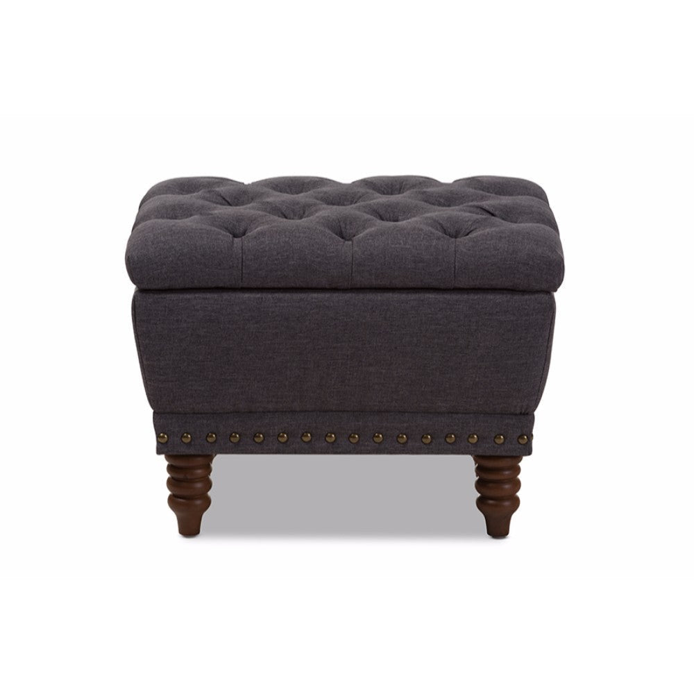 Baxton Studio Annabelle Modern and Contemporary Dark Grey Fabric Upholstered Walnut Wood Finished Button-Tufted Storage Ottoman