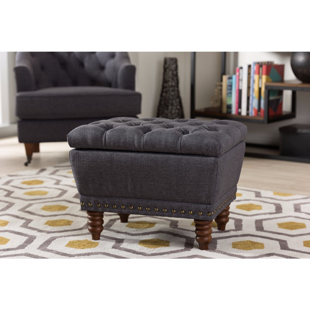 Baxton Studio Annabelle Modern and Contemporary Dark Grey Fabric Upholstered Walnut Wood Finished Button-Tufted Storage Ottoman