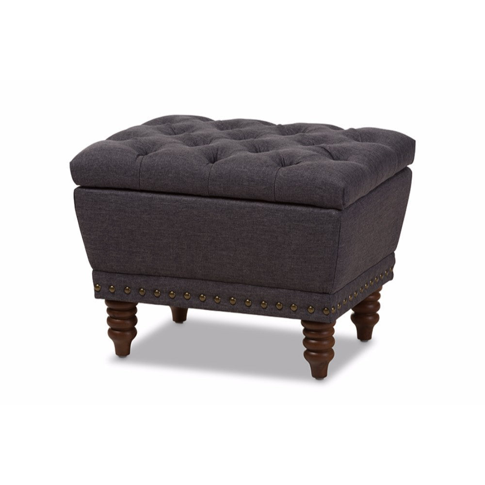 Baxton Studio Annabelle Modern and Contemporary Dark Grey Fabric Upholstered Walnut Wood Finished Button-Tufted Storage Ottoman