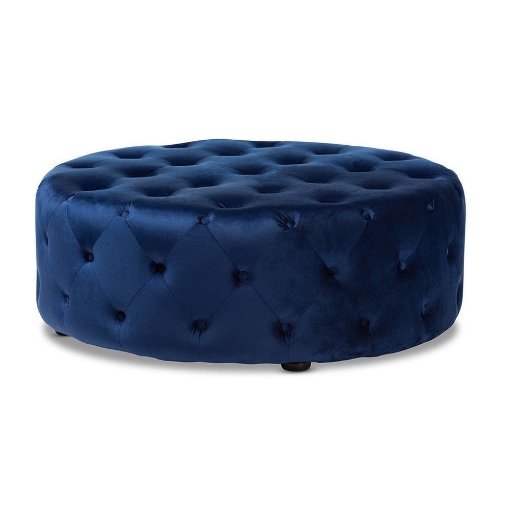 Baxton Studio Cardiff Transitional Royal Blue Velvet Fabric Upholstered Button Tufted Cocktail Ottoman WHI-501-Royal-Blue-Otto