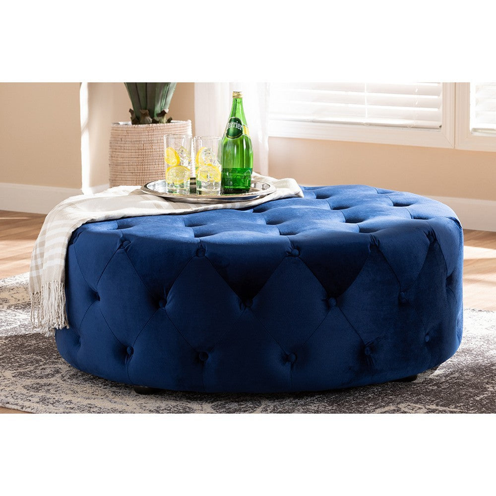 Baxton Studio Cardiff Transitional Royal Blue Velvet Fabric Upholstered Button Tufted Cocktail Ottoman WHI-501-Royal-Blue-Otto