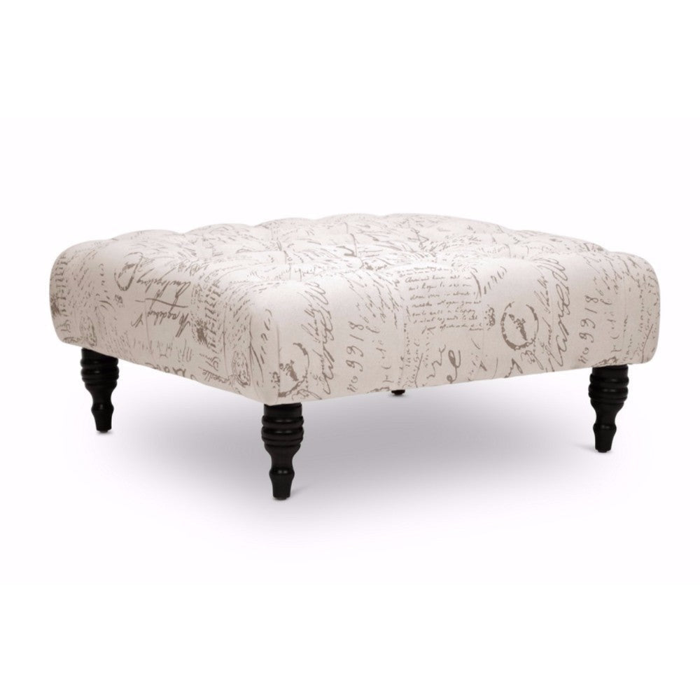 Baxton Studio Keswick Beige Script Print Modern Tufted Ottoman WHI-502-French-OTTO