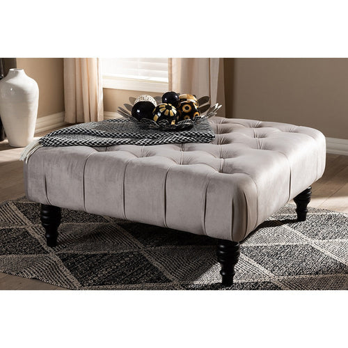 Baxton Studio Keswick Transitional Grey Velvet Fabric Upholstered Button Tufted Cocktail Ottoman