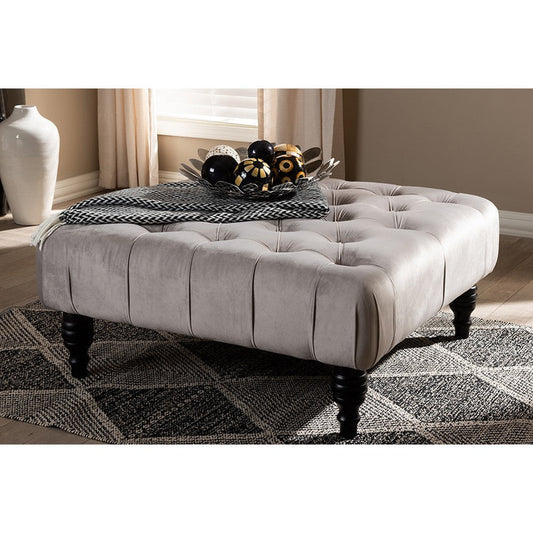 Baxton Studio Keswick Transitional Grey Velvet Fabric Upholstered Button Tufted Cocktail Ottoman