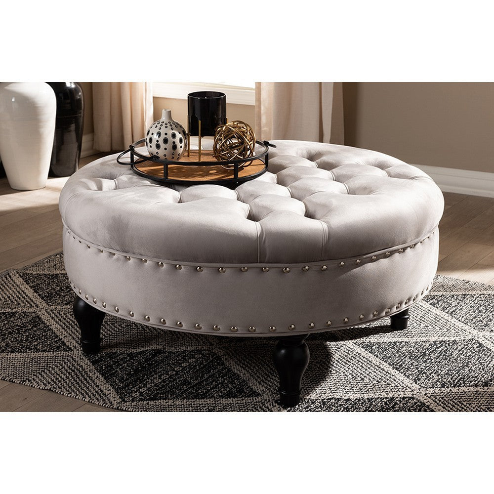 Baxton Studio Palfrey Transitional Grey Velvet Fabric Upholstered Button Tufted Cocktail Ottoman