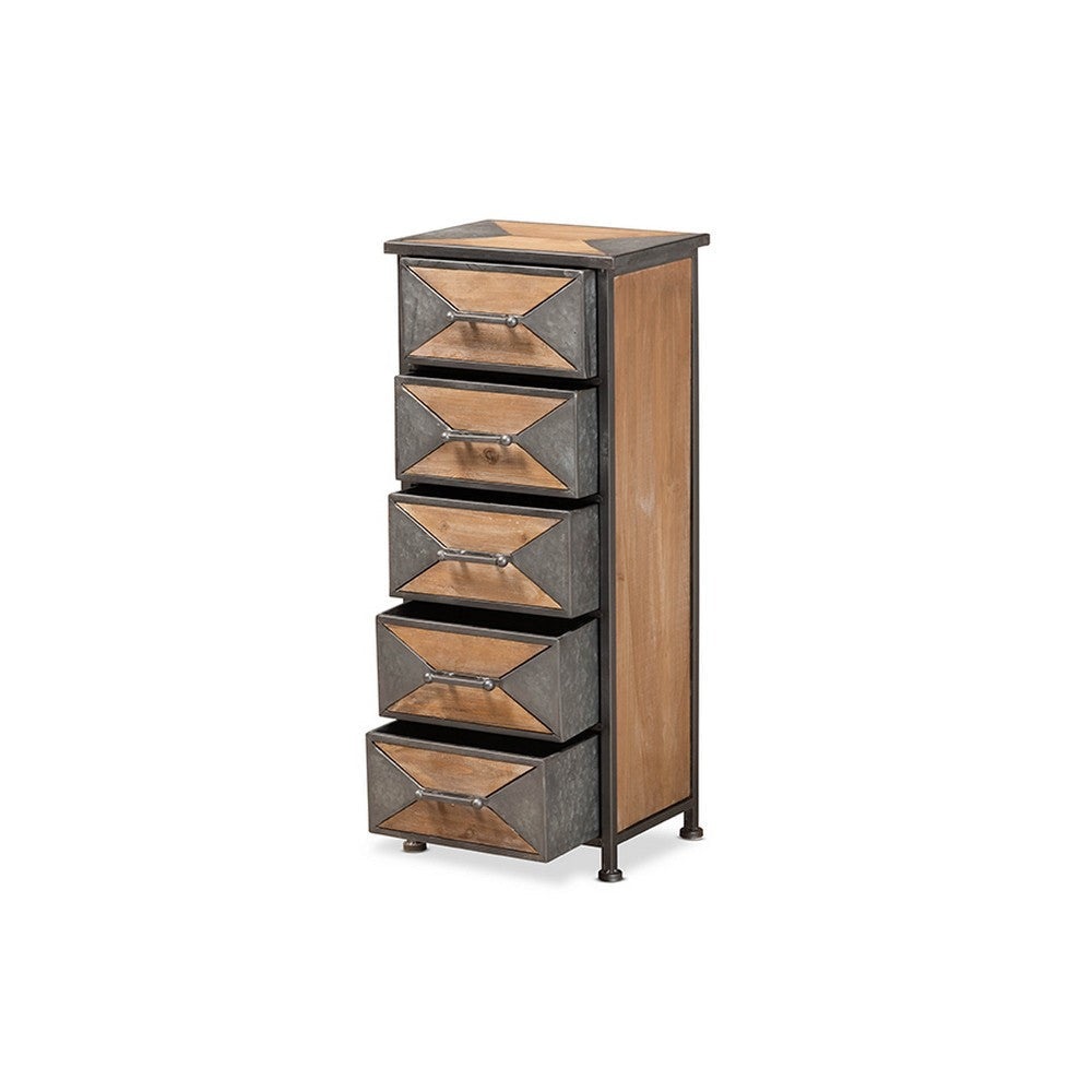 Baxton Studio Laurel Rustic Industrial Antique Grey Finished Metal and Whitewashed Oak Brown Finished Wood 5-Drawer Accent Storage Cabinet